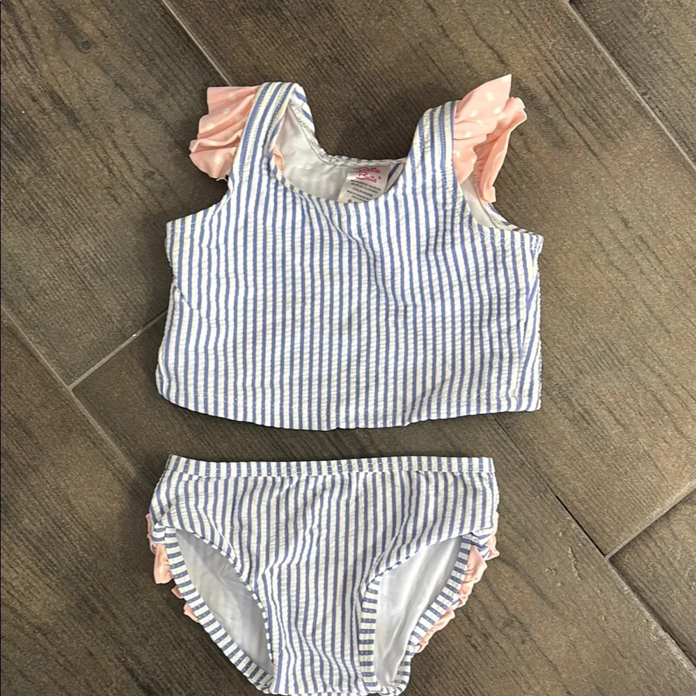 Seersucker Blue and White Stripe Ruffle Butts Bikini - Picture 1 of 4